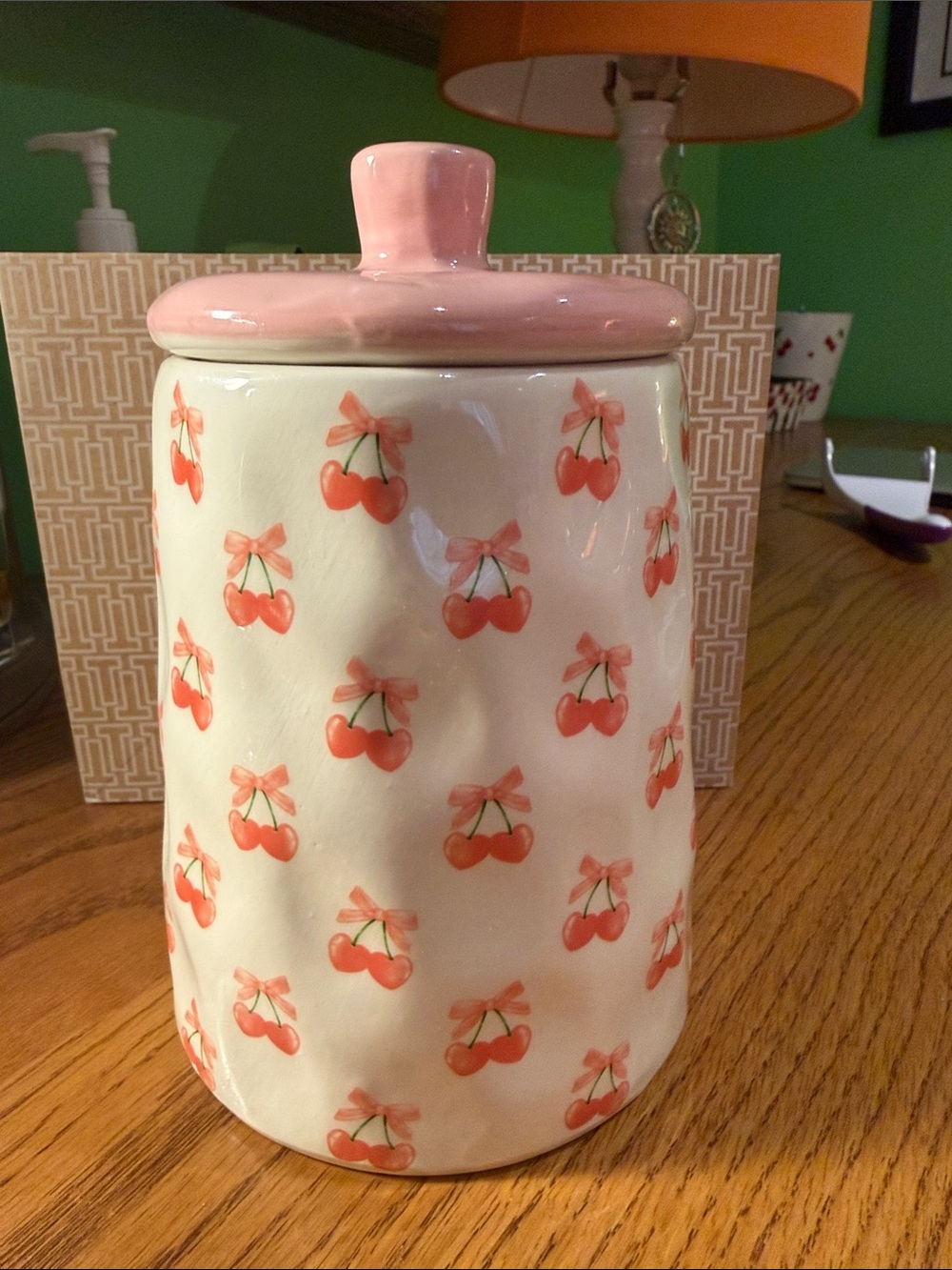Ceramic Cherry Canister with Pink Lid